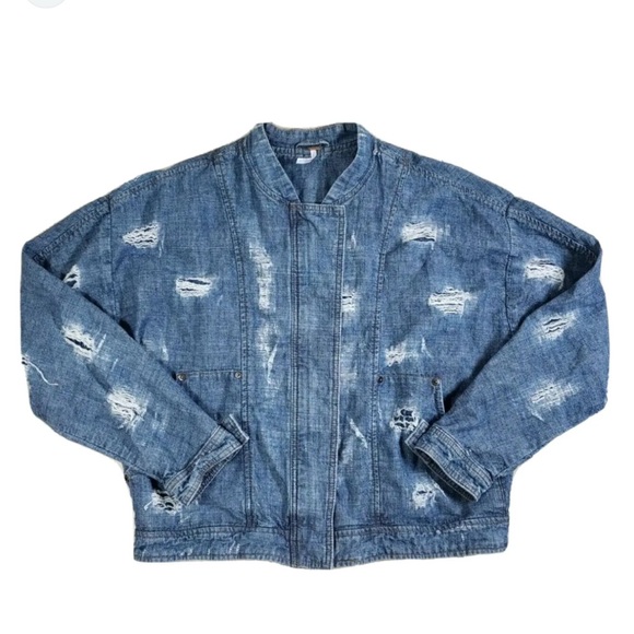 FREE PEOPLE DISTRESSED DENIM BOMBER JACKET - Picture 14 of 15